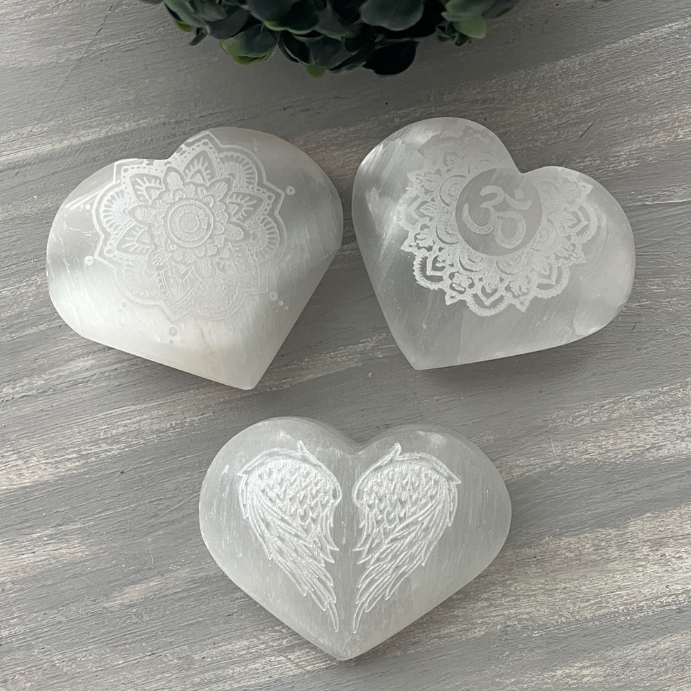 Etched selenite heart (one of each)